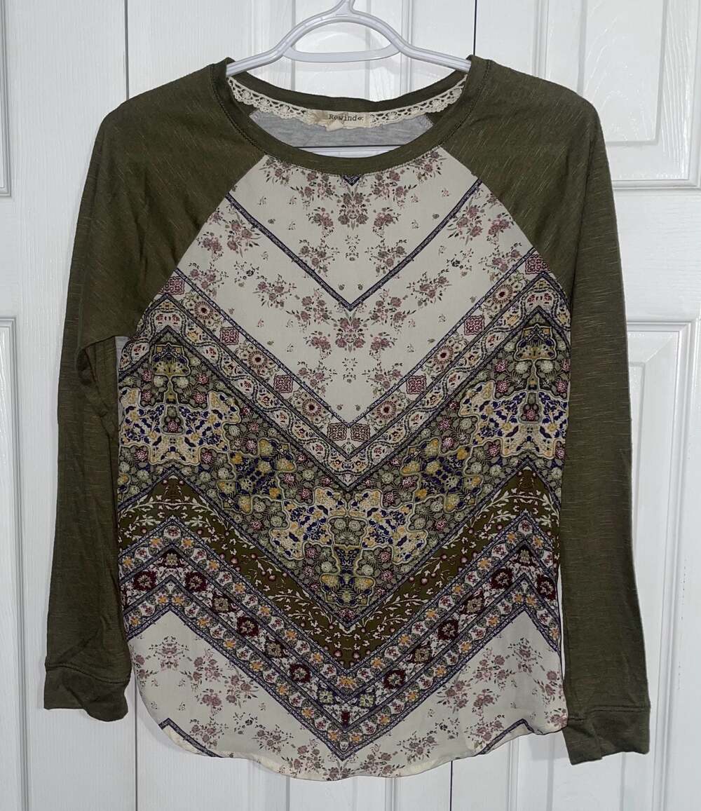 Olive Green with Floral Print Raglan Top